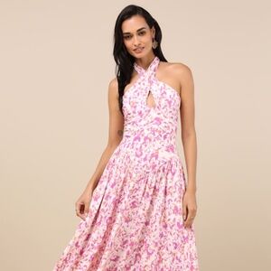Lulus Jabina Ivory Multi Floral Cross-front Midi Dress White - Size S